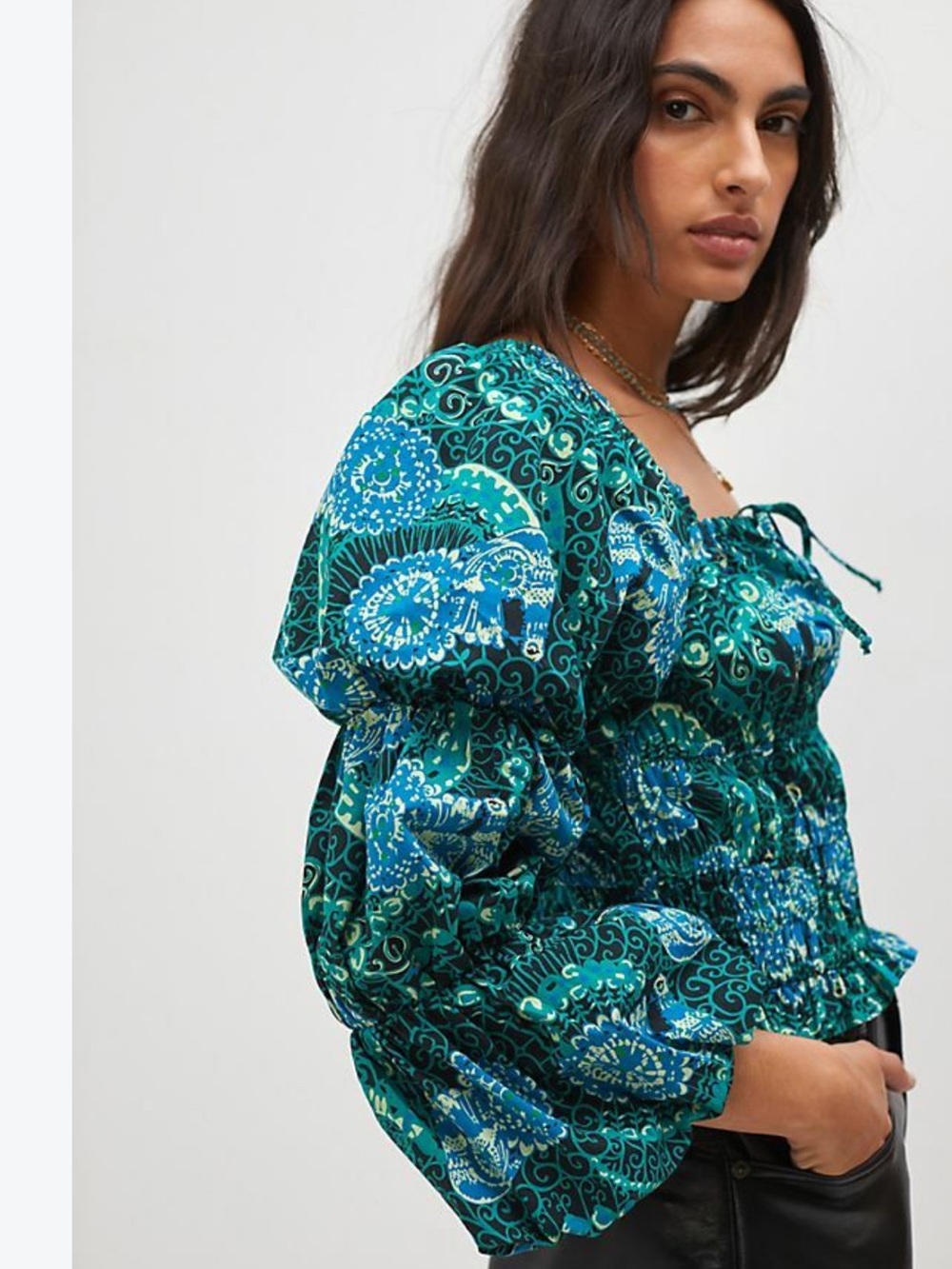 Anthropologie Green and Blue Floral Tiered Poplin Blouse size medium